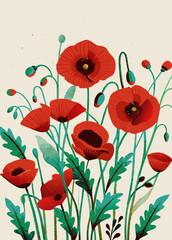 Vibrant Red Poppies Floral Illustration on Neutral Background