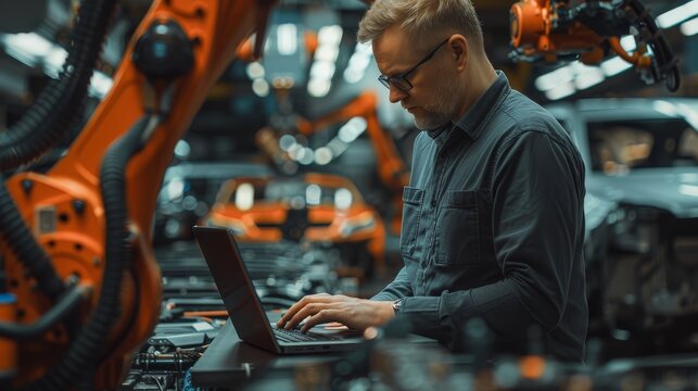 Focused engineer using a laptop to program car manufacturing robots in a modern automotive production plant.