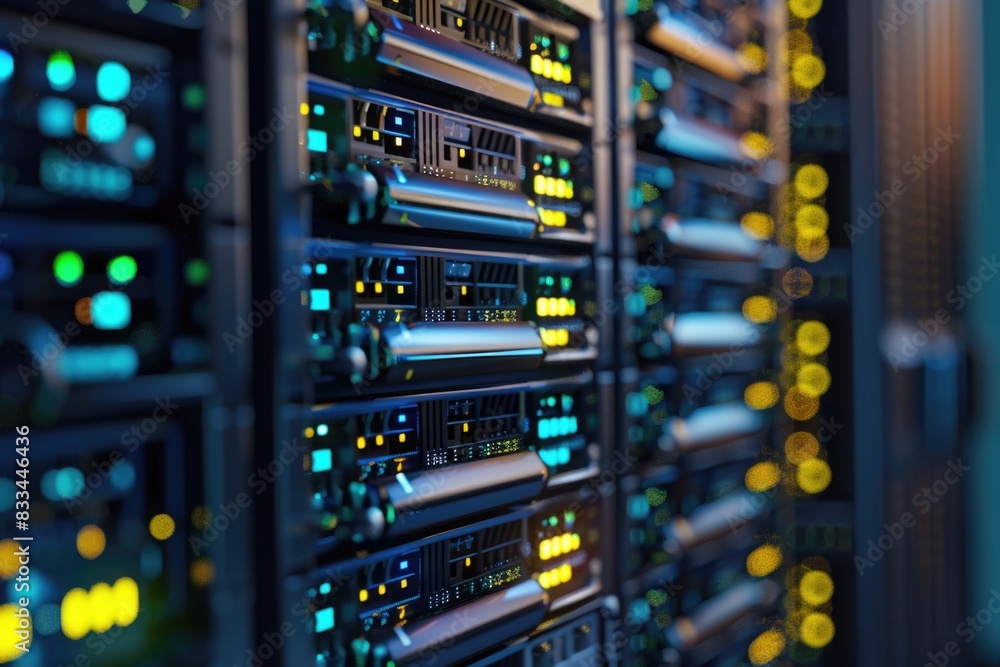 Poster row of servers in a data center, suitable for technology or business related concepts