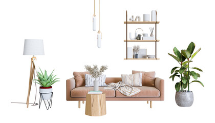 Front view of armchair and plant isolated on white