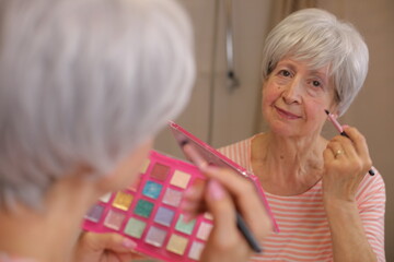 Stylish lady using a colorful make up palette 