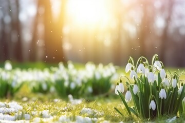 Beautiful white snowdrops flowers in spring in the forest in sunlight on a bokeh background. A spring landscape with blooming primroses. Banner. 