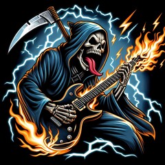 Rocking Reaper: Skeleton Guitarist with Electric Flames