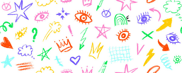 Charcoal graffiti doodle punk and girly shapes seamless pattern. Brush drawn eyes and geometric shapes, charcoal and crayon doodle illustrations. Abstract scribbles and squiggles. © Vitalii