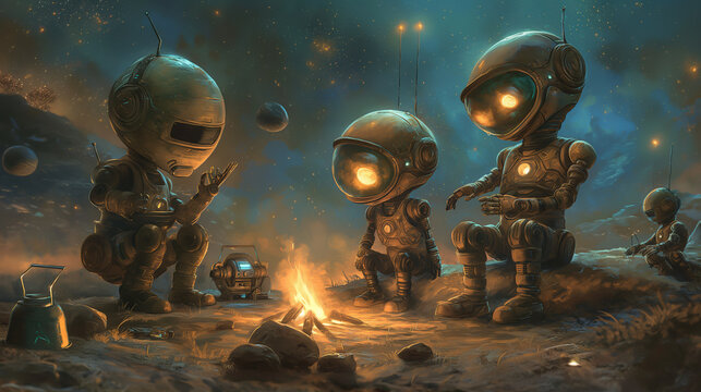 A group of small robots are gathered around a campfire on an alien planet.