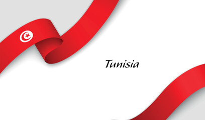 Curved ribbon with fllag of Tunisia on white background