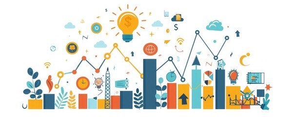 A colorful statistical data analysis infographic showing various charts, symbols, and icons used for presenting information and data visualization.