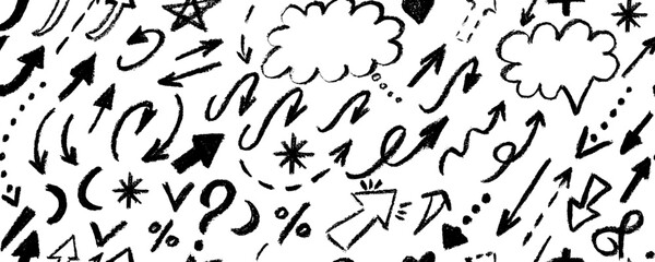 Seamless pattern various doodle grunge shapes . Brush drawn  bold curly lines, arrows,  forms, arches, squiggles and waves, brush strokes and doodle objects.
