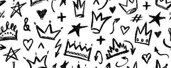 Seamless pattern brush drawn doodle shapes . Hearts, crowns, arrows, crosses, swirls and dots with dry brush texture. Banner background with trendy graffiti style elements. Hand drawn various shapes.