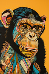 Colorful illustration of a chimpanzee face with a yellow background.