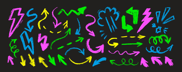 Group of chalked arrows and frames. Hand drawn black charcoal symbols for hand drawn diagrams. Vector doodle marker drawing. Freehand different curved arrows, swirls, crosses, circles and check marks.