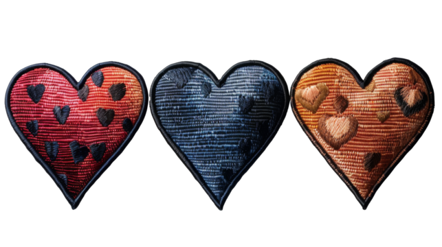 An embroidered heart patch style cut out on .PNG transparent background
