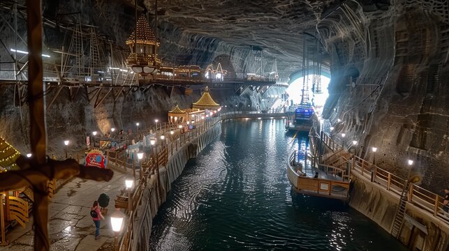 July 16, 2021. Interior of the Turda Salt Mine in the city of Turda, Transylvania, Romania. View to the Mina Rudolf and the amusement park. 