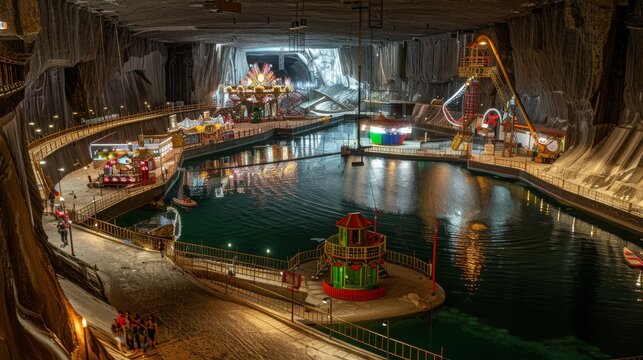 July 16, 2021. Interior of the Turda Salt Mine in the city of Turda, Transylvania, Romania. View to the Mina Rudolf and the amusement park. 