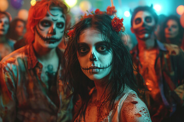 Obraz premium Group of people with scary faces and costumes at a Halloween party