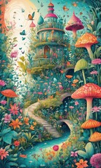 Fototapeta premium This vibrant and whimsical illustration depicts a lush, fantastical garden teeming with colorful flowers, butterflies, mushrooms, and a tranquil stream meandering through the landscape. 