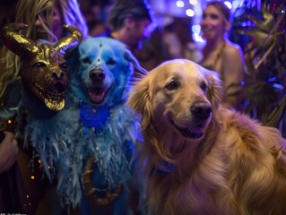 At a fantasy costume party a Golden retriever and blue Maine Coon dress as mythical creatures
