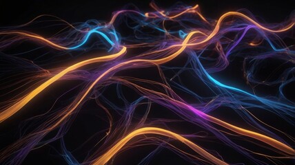 Data flow with orange ,blue and purple neon lights on dark background