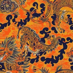 Obraz premium a image of a pattern of dragon and fish on an orange background