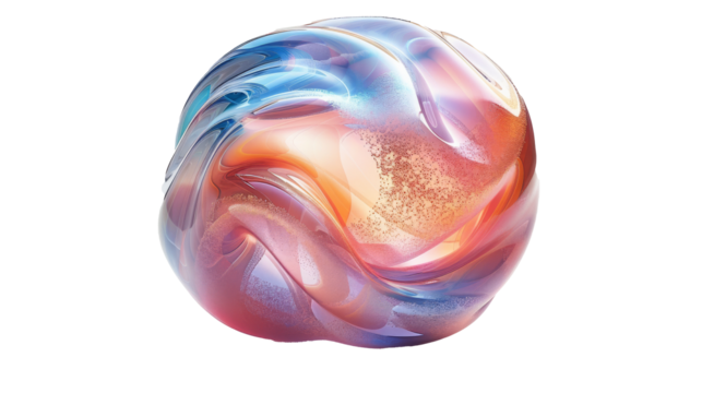 Bold iridescent wavy sphere blob shape isolated cut out on .PNG transparent background