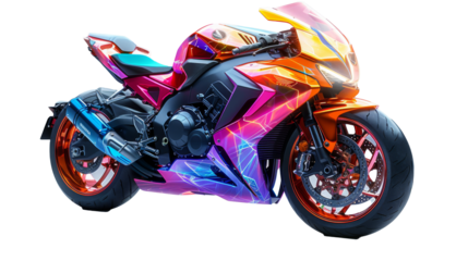 bright reflective colorful racing motorcycle isolated cut out on .PNG transparent background