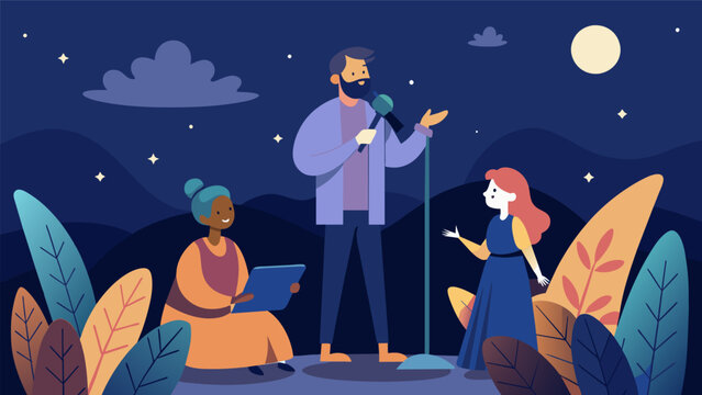 As the night goes on storyteller after storyteller takes the microphone each sharing a unique and inspiring tale of overcoming obstacles and finding. Vector illustration