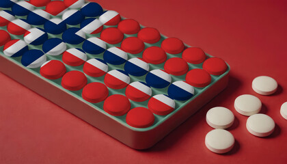 A tray of pills decorated with the Norway flag design sits on a red background, symbolizing healthcare and medicine in the Norway