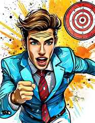 A white-collar man's run for success, graffiti style background with a bullseye, splash background