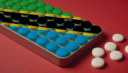 A tray of pills decorated with the Tanzania flag design sits on a red background, symbolizing healthcare and medicine in the Tanzania
