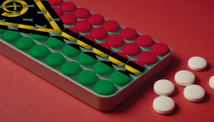 Naklejka premium A tray of pills decorated with the Vanuatu flag design sits on a red background, symbolizing healthcare and medicine in the Vanuatu
