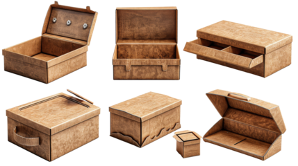 cardboard boxes set isolated cut out on .PNG transparent background