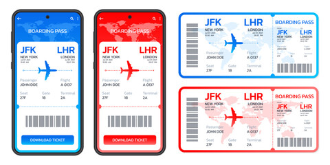 Boarding pass, Airplane ticket set. Mobile, digital or electronic plane ticket in the phone. Online booking by smartphone concept. Vector illustration.