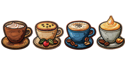 Coffee time embroidered patch badge set isolated cut out on .PNG transparent background
