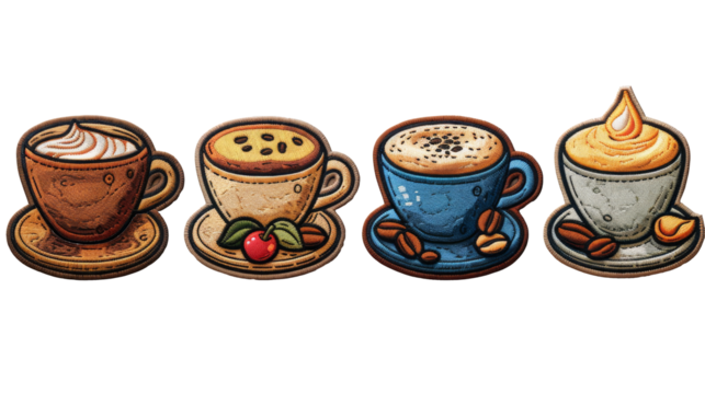 Coffee time embroidered patch badge set isolated cut out on .PNG transparent background
