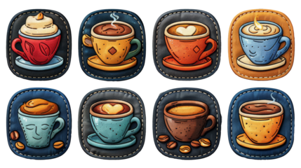 Coffee time embroidered patch badge set isolated cut out on .PNG transparent background