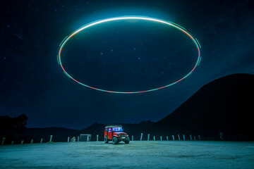 jeep with drone fly zero light formation