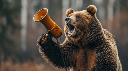 Bear with megaphone announces stock market downturn: Bear market alert.