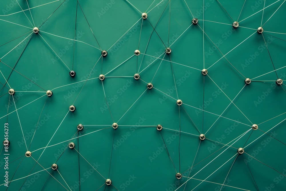 Poster a flat lay of interconnected nodes on green background, symbolizing network connectivity and data fl