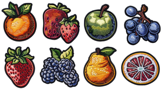 Embroidered patch sticker fresh fruits set isolated cut out on .PNG transparent background