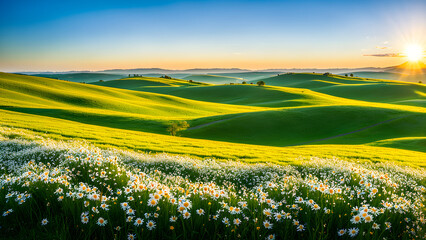 Grassland and rapeseed flowers in a wide-angle lens, with a green background