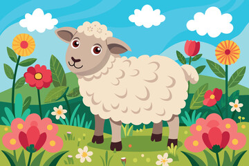 Cartoon sheep standing on a bright meadow with colorful flowers. The background shows a green landscape with hills under a blue sky with a few clouds.