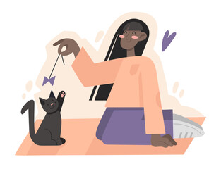 Girl plays with a black cat. Cute vector illustration