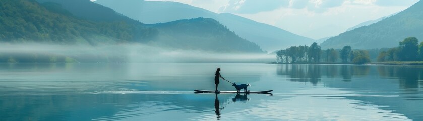 Naklejka premium A serene paddleboarding session on a calm lake with a Golden retriever and blue Maine Coon balancing on the board
