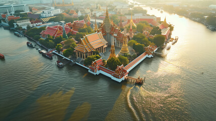 Beautiful temple along the Chao Phraya River side in Bangkok in the evening light