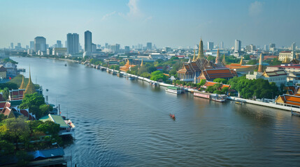 Beautiful temple and building two side of river in Thailand, AI generative