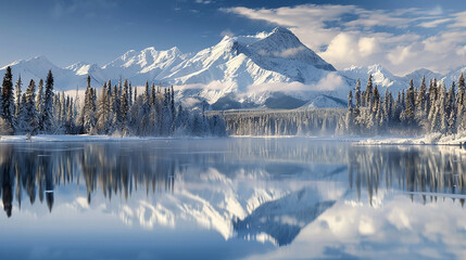 Calm and cool lake with reflection of mountains and temperate taiga forest, AI generative