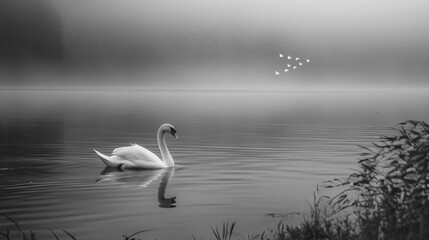 Black and white image of swimming swan in morning lake, AI generative