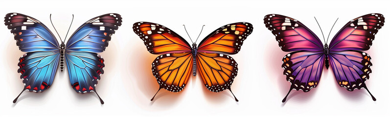 Fototapeta premium 3D realistic butterflies, an orange and blue colored butterfly on the left side of the page with differently colored wings like pink, purple, red, yellow and black, white background, in the style of c