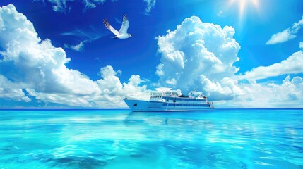 a luxurious cruise ship against a backdrop of a vivid blue sky, fluffy white clouds, and the tranquil sea, with a flying petrel soaring overhead, and a festively set table for two people on the deck.