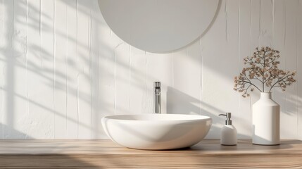 Modern minimalist bathroom with wooden countertop and natural light, featuring a serene bathtub and houseplants